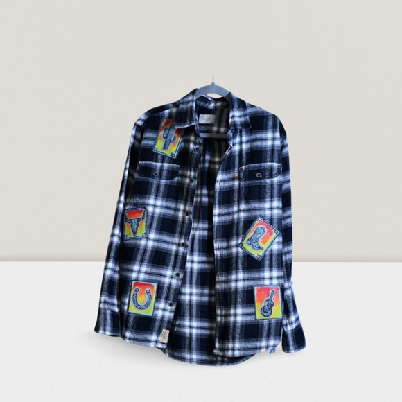 Black & White Flannel – Light Blue Fringes, Western Patches, Oversized Festival - Picture 2 of 7